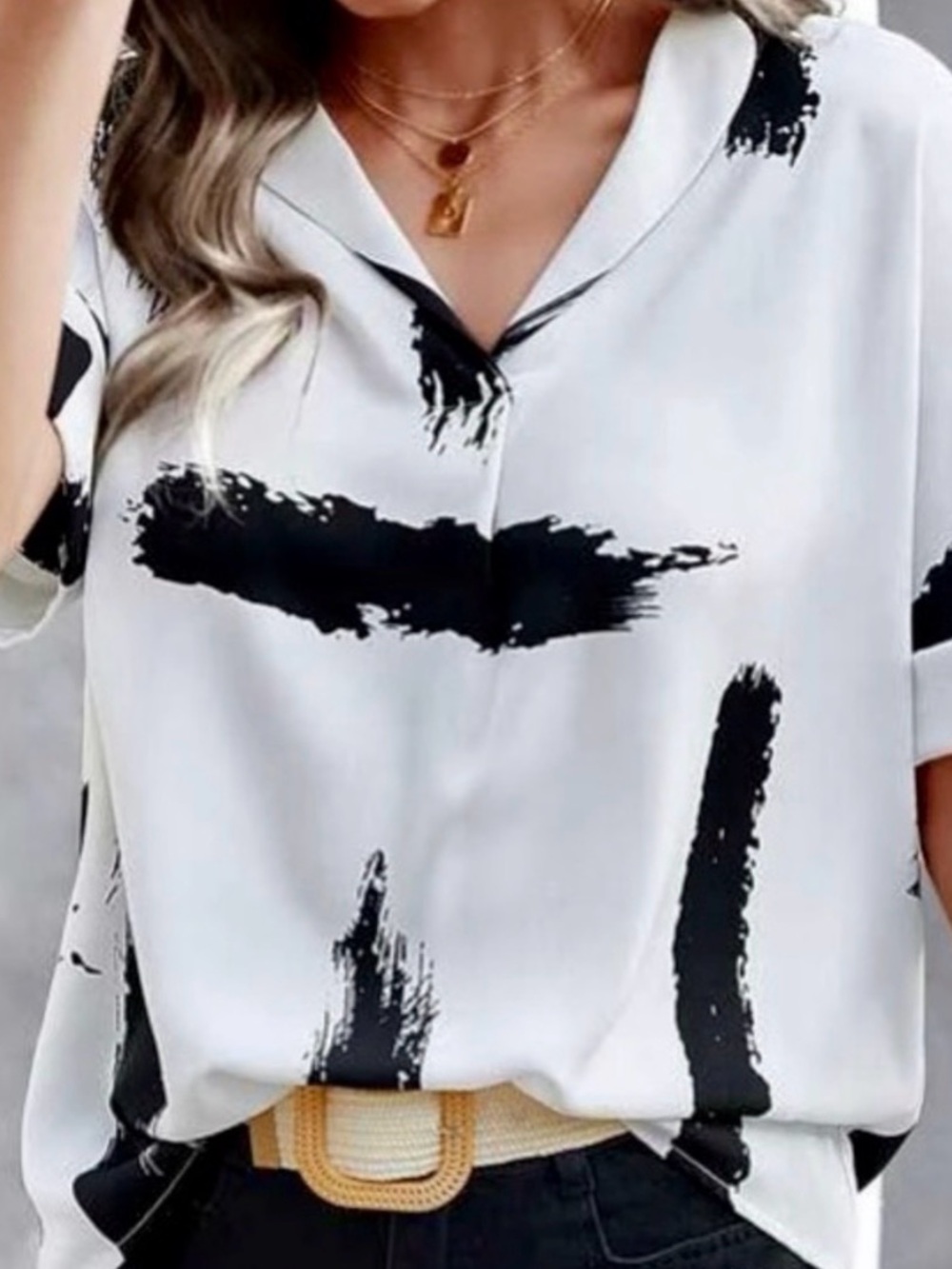 Abstract Brushstroke White & Black V-Neck Blouse